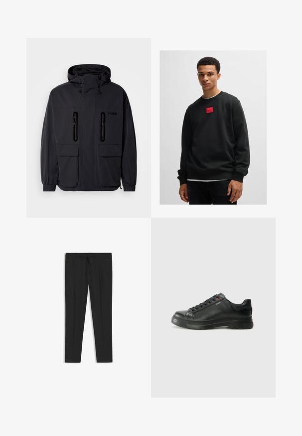 Svart vattentät jacka med huva, två blixtlåsförsedda bröstfickor och elastiska muddar. Har en minimalistisk design och "HUGO"-logotyp.; Svart sweatshirt i bomull, med rund hals och lång ärm. Röd rektangulär lapp med "HUGO"-text på framsidan.; Svarta byxor med elastisk midja och dragsko. Skräddarsydd passform med sidofickor och ett smidigt, lätt tyg.; Svart lädersneaker med texturerad ovandel, vadderat krage och röd logotypdetalj. Utrustad med en tjock gummisula med distinkt mönster.