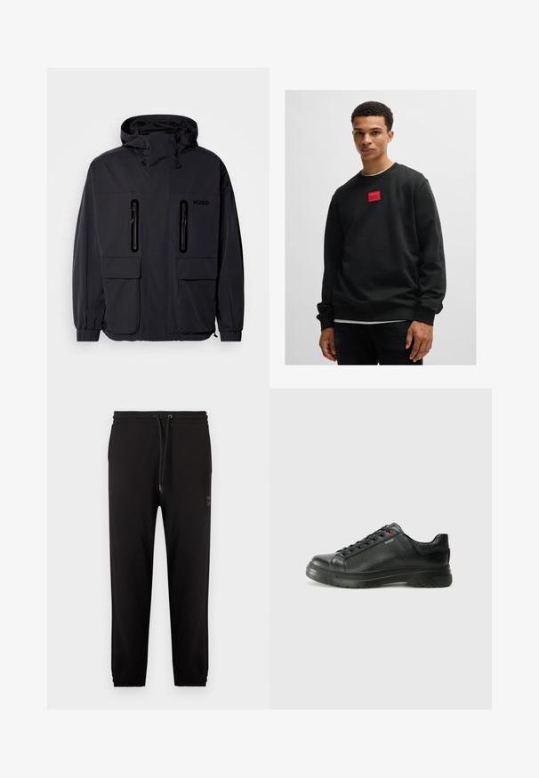 Svart vanntett jakke med hette, to glidelåslommer på brystet og elastiske mansjetter. Har et minimalistisk design og "HUGO"-merke.; Svart sweatshirt laget av bomull, med rund hals og lange ermer. Rød rektangulær lapp med teksten "HUGO" på forsiden.; Svarte joggebukser med elastisk midjebånd og mansjetter, justerbar snor og sidelommer, vist på hvit bakgrunn.; Svarte lærsneakers med teksturert overdel, polstret krage og rød logodetalj. Har en tykk gummisåle med tydelig mønster.