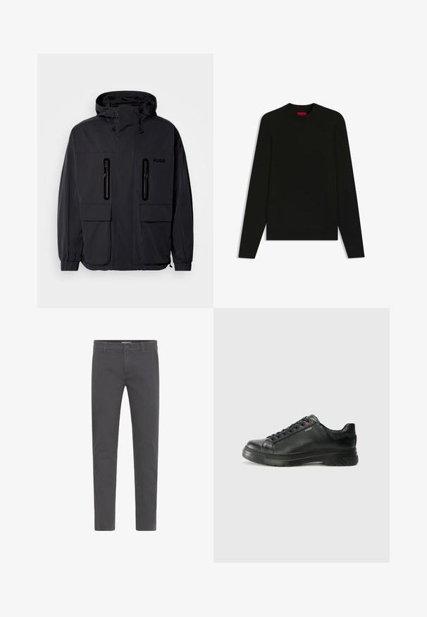 Musta vedenpitävä takki hupulla, jossa on kaksi vetoketjullista rintataskua ja elastiset hihansuut. Ominaisuuksina minimalistinen muotoilu ja "HUGO" -brändäys.; Musta pitkähihainen neule, jossa on pyöreä pääntie, valmistettu sileästä kankaasta. Sisältää ribbireunukset helmassa ja hihoissa, ja punainen brändilogo sisältä.; Harmaat, slim-fit-housut, jotka on valmistettu pehmeästä puuvillasta. Varusteena nappisulku, vyölenkit ja siisti, virtaviivainen muotoilu. Ei näkyviä kuvioita.; Musta nahkakengät, joissa on teksturoidun pinnan, pehmustettu kaulus ja punainen logo. Kengissä on paksu kumipohja, jossa on selkeä uramalli.