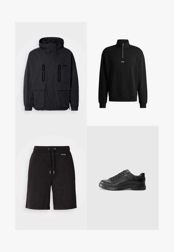 Fekete vízálló dzseki kapucnival, két cipzáras mellzsebbel és rugalmas mandzsettával. Minimalista dizájnnal és "HUGO" logóval ellátva.; Fekete pulóver magas gallérral, elülső cipzárral és diszkrét logóval. Puha anyagból készült, bordázott mandzsettákkal és hem. ; Fekete pamut rövidnadrág húzózsinórral, ezüst színű hardverelemekkel. Fehér színű logóval díszítve, sima textúrával és laza szabással rendelkeznek.; Fekete bőr sportcipő, textúrált felsőrésszel, párnázott bokarésszel és piros logóval. Vastag gumitalppal rendelkezik, amely jellegzetes futási mintázattal bír.