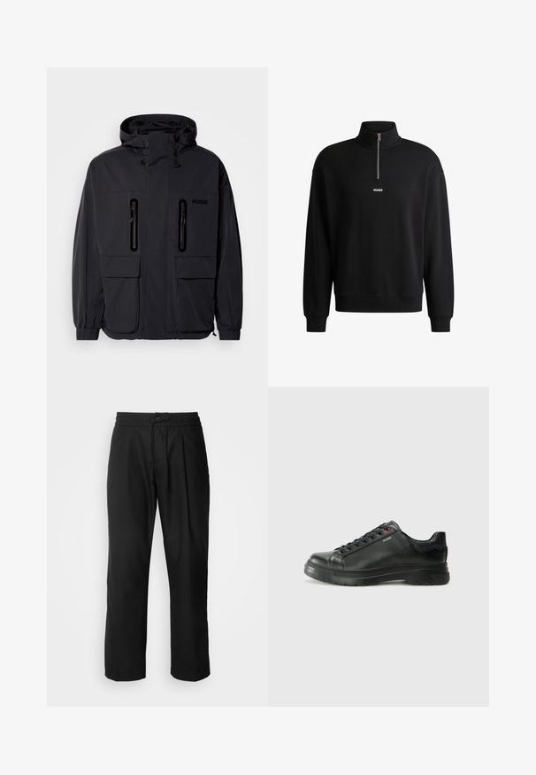 Černá voděodolná bunda s kapucí, dvěma zipovými kapsami na hrudi a elastickými manžetami. Vyznačuje se minimalistickým designem a značkovým logem "HUGO".; Černá mikina s vysokým límcem, předním zipem a decentním logem. Vyrobena z měkké tkaniny, má žebrované manžety a lem.; HUGO RAVI - Kalhoty - black; Černé kožené tenisky s texturovaným svrškem, polstrovaným límcem a červeným logem. Disponují tlustou gumovou podrážkou s výrazným vzorem.