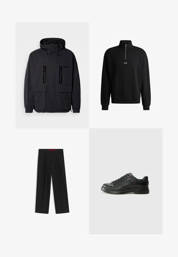 Svart vattentät jacka med huva, två blixtlåsförsedda bröstfickor och elastiska muddar. Har en minimalistisk design och "HUGO"-logotyp.; Svart sweatshirt med hög krage, framdragkedja och diskret logga. Tillverkad av mjukt tyg, har ribbade muddar och nedkant.; Svarta vida byxor med slät front, två sidofickor, veckad design och en kontrasterande röd midjeresår.; Svart lädersneaker med texturerad ovandel, vadderat krage och röd logotypdetalj. Utrustad med en tjock gummisula med distinkt mönster.