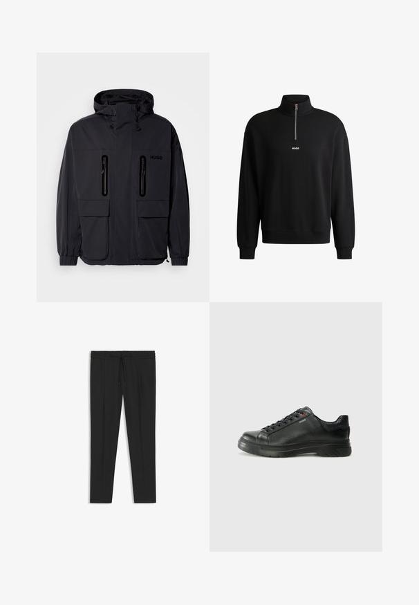 Chaqueta impermeable negra con capucha, dos bolsillos en el pecho con cremallera y puños elásticos. Presenta un diseño minimalista y el logotipo "HUGO".; Sudadera negra con cuello alto, cremallera frontal y un logo sutil. Fabricada con tela suave, cuenta con puños y dobladillo acanalados.; Pantalones negros con cintura elástica y cordón. Corte ajustado con bolsillos laterales y una tela suave y ligera.; Zapatilla negra de cuero con parte superior texturizada, cuello acolchado y detalle del logo en rojo. Presenta una suela de goma gruesa con un patrón de relieve distintivo.