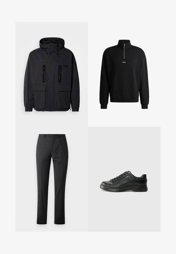 Black waterproof jacket with a hood, two zippered chest pockets, and elastic cuffs. Features minimalistic design and "HUGO" branding.; Black sweatshirt with a high collar, front zipper, and subtle logo. Made from soft fabric, features ribbed cuffs and hem.; Tailored dark gray trousers with a smooth texture, slim fit, flat front, and standard waistband. Features pressed creases and no visible patterns.; Black leather sneaker with textured upper, padded collar, and red logo detail. Features a thick rubber sole with distinct tread pattern.