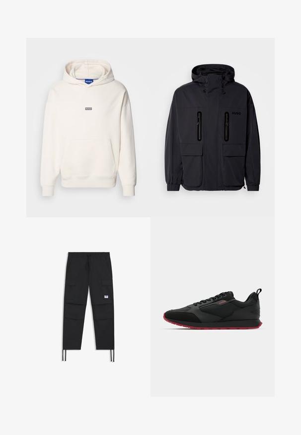 Black waterproof jacket with a hood, two zippered chest pockets, and elastic cuffs. Features minimalistic design and "HUGO" branding.; Light cream hoodie made of cotton blend, featuring a large front pocket, ribbed cuffs, and a small black "HUGO" logo on the chest.; Black cargo pants featuring a drawstring waist, multiple pockets, elastic cuff, and a subtle logo patch. Made from lightweight fabric.; Black athletic shoe featuring a smooth textile upper, red rubber sole, lace-up design, and a rear pull tab for easy wearing.