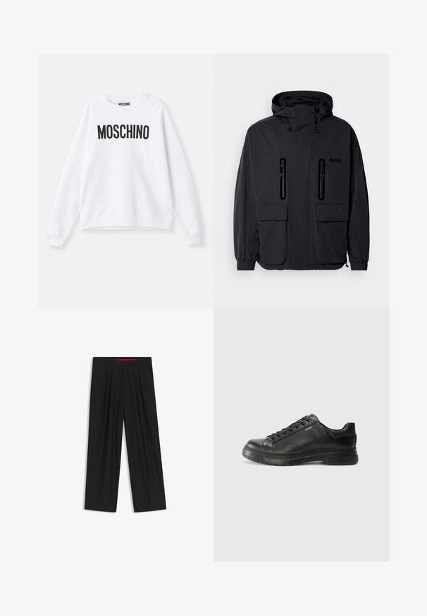 Black waterproof jacket with a hood, two zippered chest pockets, and elastic cuffs. Features minimalistic design and "HUGO" branding.; White sweatshirt made of soft fabric featuring a round neck, long sleeves, and a prominent black "MOSCHINO" logo printed on the front.; Black wide-leg trousers with a flat front, two side pockets, pleated design, and a contrasting red interior waistband.; Black leather sneaker with textured upper, padded collar, and red logo detail. Features a thick rubber sole with distinct tread pattern.