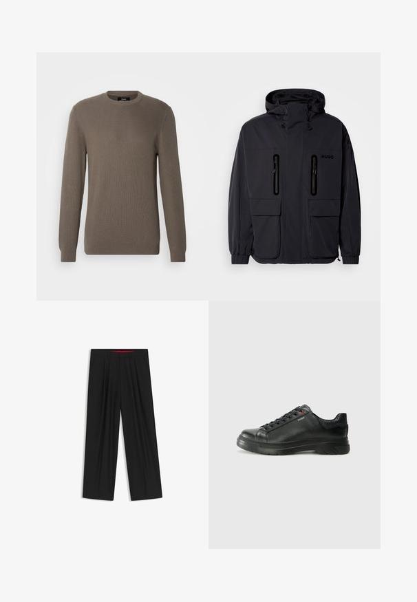 Black waterproof jacket with a hood, two zippered chest pockets, and elastic cuffs. Features minimalistic design and "HUGO" branding.; Brown ribbed sweater with a crew neck, long sleeves, and a textured fabric. Simple design without additional patterns or hardware.; Black wide-leg trousers with a flat front, two side pockets, pleated design, and a contrasting red interior waistband.; Black leather sneaker with textured upper, padded collar, and red logo detail. Features a thick rubber sole with distinct tread pattern.