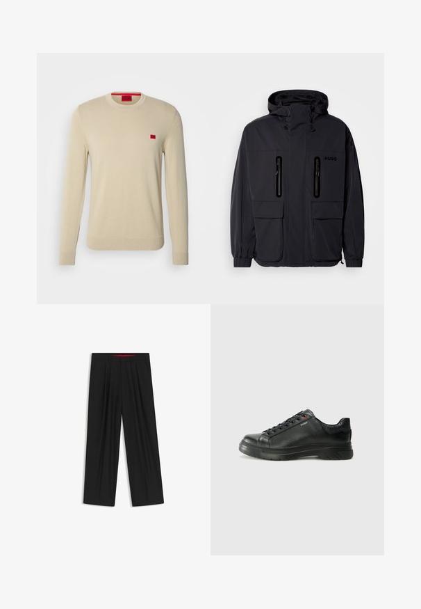 Schwarze wasserdichte Jacke mit Kapuze, zwei mit Reißverschluss versehenen Brusttaschen und elastischen Bündchen. Verfügt über ein minimalistisches Design und "HUGO"-Branding.; HUGO SAN CASSIUS - Strickpullover - open beige; Schwarze weit geschnittene Hosen mit flachem Bund, zwei seitlichen Taschen, gefaltetem Design und einem kontrastierenden roten Innenbund.; Schwarze Leder-Sneaker mit strukturiertem Obermaterial, gepolstertem Kragen und rotem Logo-Detail. Verfügt über eine dicke Gummisohle mit markantem Profil.
