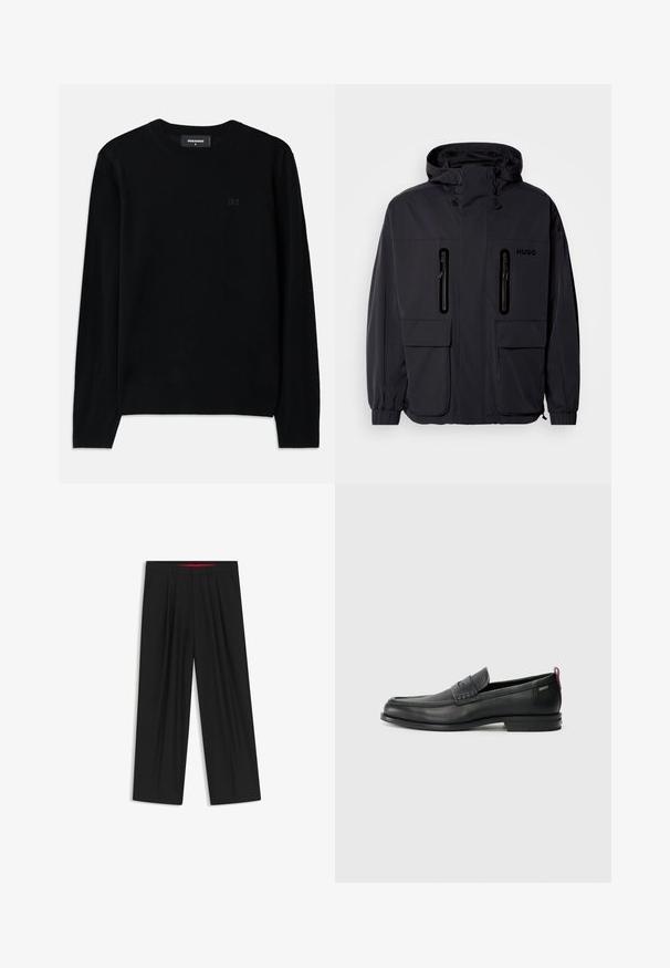 Giacca impermeabile nera con cappuccio, due tasche a zip sul petto e polsini elastici. Presenta un design minimalista e il marchio "HUGO".; Maglione nero a collo rotondo realizzato in morbido tessuto. Presenta maniche lunghe e un sottile dettaglio logo D2 sulla parte anteriore. Design semplice e classico.; Pantaloni neri a gamba larga con fronte piatto, due tasche laterali, design plissettato e un elastico in vita di colore rosso a contrasto.; Mocassini in pelle nera con un pannello anteriore testurizzato e lati lisci. Presentano un tacco sottile e un anello sul retro per una vestibilità facile. Design classico.
