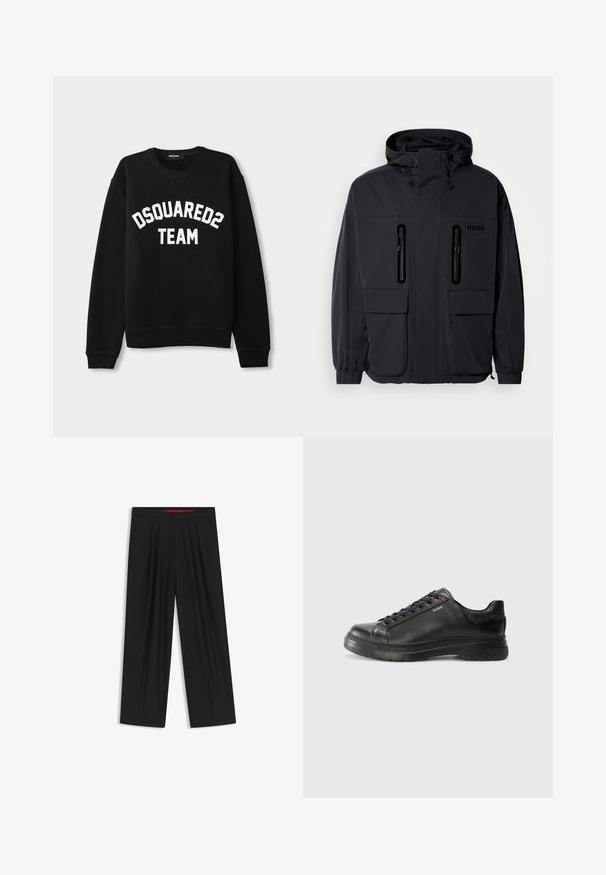 Zwarte waterdichte jas met een capuchon, twee ritszakken op de borst en elastische manchetten. Heeft een minimalistisch ontwerp en "HUGO" branding.; Zwarte sweatshirt met lange mouwen, ronde halslijn en witte tekst "DSQUARED2 TEAM" over de borst. Zacht fabric, ribgebreide boorden en zoom.; Zwarte wijde broek met een vlakke voorkant, twee zijzakken, geplooid ontwerp en een contrasterende rode binnenband.; Zwarte leren sneaker met een gestructureerde bovenkant, gevoerde kraag en rode logo-details. Heeft een dikke rubberen zool met een opvallend loopvlakpatroon.
