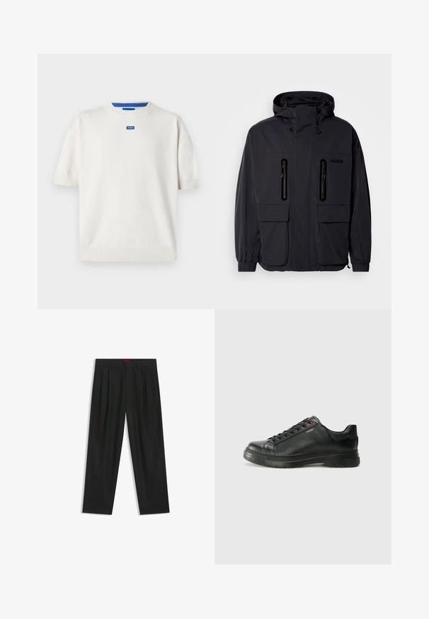 Sort vandtæt jakke med hætte, to lynlås-lommer på brystet og elastiske manchetter. Har et minimalistisk design og "HUGO" branding.; Hvid, kortærmet sweater med ribbede manchetter og kant. Har et blåt mærke med "HUGO" logoet på brystet. Glat tekstur.; Sorte bukser med plisseret design, bred benform og en glat tekstur. Har et rødt taljetag.; Sorte lædersneakers med tekstureret overdel, polstret krave og rødt logo-detajle. Har en tyk gummisål med tydeligt mønster.