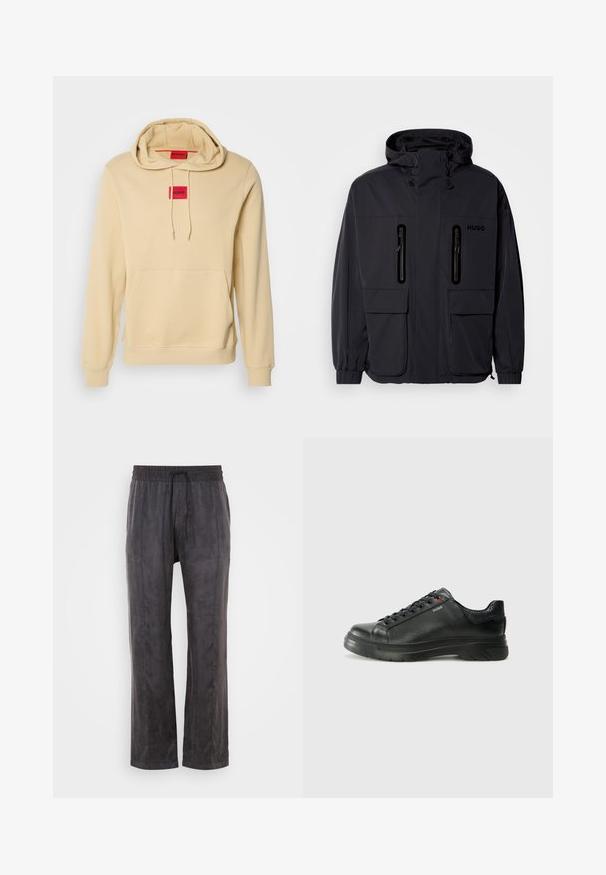 Črna vodoodporna jakna s kapuco, dvema žepoma z zadrgo na prsih in elastičnimi manšetami. Ima minimalističen dizajn in blagovno znamko "HUGO".; Bežna kapuca iz mehkega materiala, ki ima kenguru žep, rebraste manšete in rdeč pravokoten logotip na prsih.; Črne hlače iz mehkega blaga z gladko teksturo, z elastičnim pasom in vrvico, širokimi nogami in stranskimi šivi.; Črne usnjene superge z teksturiranim zgornjim delom, podloženim ovratnikom in rdečim logotipom. Imajo debel gumijast podplat z izrazitim vzorcem.