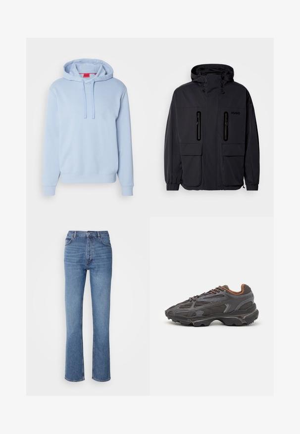 Fekete vízálló dzseki kapucnival, két cipzáras mellzsebbel és rugalmas mandzsettával. Minimalista dizájnnal és "HUGO" logóval ellátva.; Világoskék kapucnis pulóver puha anyagból, zsinórral ellátott kapucnival, bordázott mandzsettákkal és kis logóval a mellrészen. Egyszerű dizájn.; Kék farmernadrág magas derékkal, egyenes szabású dizájnnal és enyhe kopással. Jellemzője az klasszikus öt zsebes kialakítás és cipzáras zárás.; Sötét szürke Lacoste sportcipők hálós és szintetikus anyagból, textúrázott talppal és barna díszítésekkel a nyak részen és a logón.
