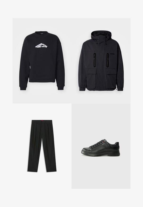 Schwarze wasserdichte Jacke mit Kapuze, zwei mit Reißverschluss versehenen Brusttaschen und elastischen Bündchen. Verfügt über ein minimalistisches Design und "HUGO"-Branding.; Schwarzer Sweatshirt mit rundem Halsausschnitt, langen Ärmeln und gerippten Bündchen. Verfügt über ein weißes Druckgrafik auf der Vorderseite und ein lockeres Design.; Schwarze Hose mit einem gefältelten Design, weiter Beinform und glatter Textur. Verfügt über ein rotes Taillenlabel.; Schwarze Leder-Sneaker mit strukturiertem Obermaterial, gepolstertem Kragen und rotem Logo-Detail. Verfügt über eine dicke Gummisohle mit markantem Profil.