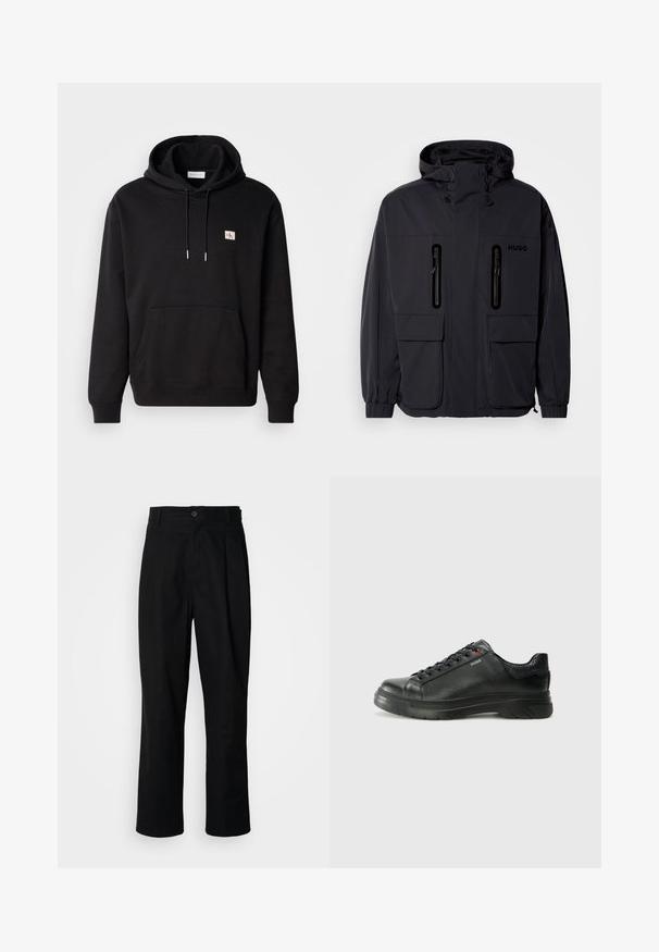 Svart vattentät jacka med huva, två blixtlåsförsedda bröstfickor och elastiska muddar. Har en minimalistisk design och "HUGO"-logotyp.; Svart huvtröja med kängurufickor, justerbar dragsko på huven och en liten logopatch på bröstet. Tillverkad av mjukt, texturerat tyg.; Svarta rakbenade byxor med knäppning i midjan, bälteshällor och framfåll, uppvisade mot en enkel vit bakgrund.; Svart lädersneaker med texturerad ovandel, vadderat krage och röd logotypdetalj. Utrustad med en tjock gummisula med distinkt mönster.