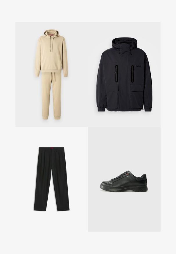 Zwarte waterdichte jas met een capuchon, twee ritszakken op de borst en elastische manchetten. Heeft een minimalistisch ontwerp en "HUGO" branding.; Beige hoodie en joggingset gemaakt van zacht stof. De hoodie heeft een trekkoord en een voorzak; de joggers hebben een elastische tailleband.; Zwarte broek met een geplooid ontwerp, wijde pijpen en een zachte textuur. Voorzien van een rode taillebandlabel.; Zwarte leren sneaker met een gestructureerde bovenkant, gevoerde kraag en rode logo-details. Heeft een dikke rubberen zool met een opvallend loopvlakpatroon.