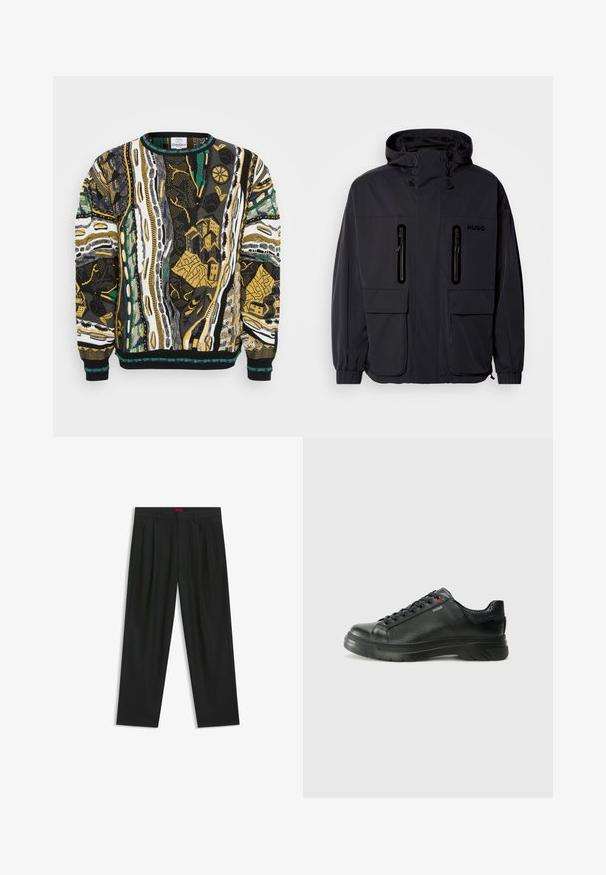 Schwarze wasserdichte Jacke mit Kapuze, zwei mit Reißverschluss versehenen Brusttaschen und elastischen Bündchen. Verfügt über ein minimalistisches Design und "HUGO"-Branding.; Strickpullover mit lebhaften abstrakten Mustern in Schwarz, Weiß, Gelb und Grün. Ein Rundhalsausschnitt und gerippte Ärmelbündchen vervollständigen das Design.; Schwarze Hose mit einem gefältelten Design, weiter Beinform und glatter Textur. Verfügt über ein rotes Taillenlabel.; Schwarze Leder-Sneaker mit strukturiertem Obermaterial, gepolstertem Kragen und rotem Logo-Detail. Verfügt über eine dicke Gummisohle mit markantem Profil.