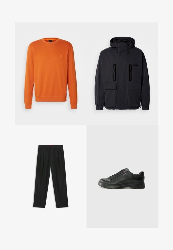 Zwarte waterdichte jas met een capuchon, twee ritszakken op de borst en elastische manchetten. Heeft een minimalistisch ontwerp en "HUGO" branding.; BOSS WESTART - Sweater - open orange; Zwarte broek met een geplooid ontwerp, wijde pijpen en een zachte textuur. Voorzien van een rode taillebandlabel.; Zwarte leren sneaker met een gestructureerde bovenkant, gevoerde kraag en rode logo-details. Heeft een dikke rubberen zool met een opvallend loopvlakpatroon.