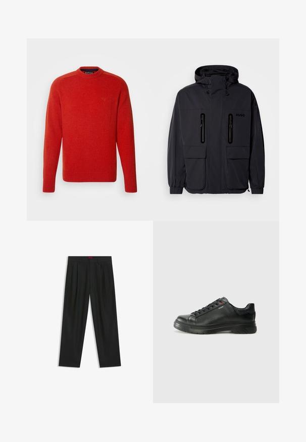 Schwarze wasserdichte Jacke mit Kapuze, zwei mit Reißverschluss versehenen Brusttaschen und elastischen Bündchen. Verfügt über ein minimalistisches Design und "HUGO"-Branding.; Roter Strickpullover mit gerippten Bündchen und Saum, runder Ausschnitt und subtilen Logodetails auf der Brust. Hergestellt aus weichem Wollmischgewebe.; Schwarze Hose mit einem gefältelten Design, weiter Beinform und glatter Textur. Verfügt über ein rotes Taillenlabel.; Schwarze Leder-Sneaker mit strukturiertem Obermaterial, gepolstertem Kragen und rotem Logo-Detail. Verfügt über eine dicke Gummisohle mit markantem Profil.
