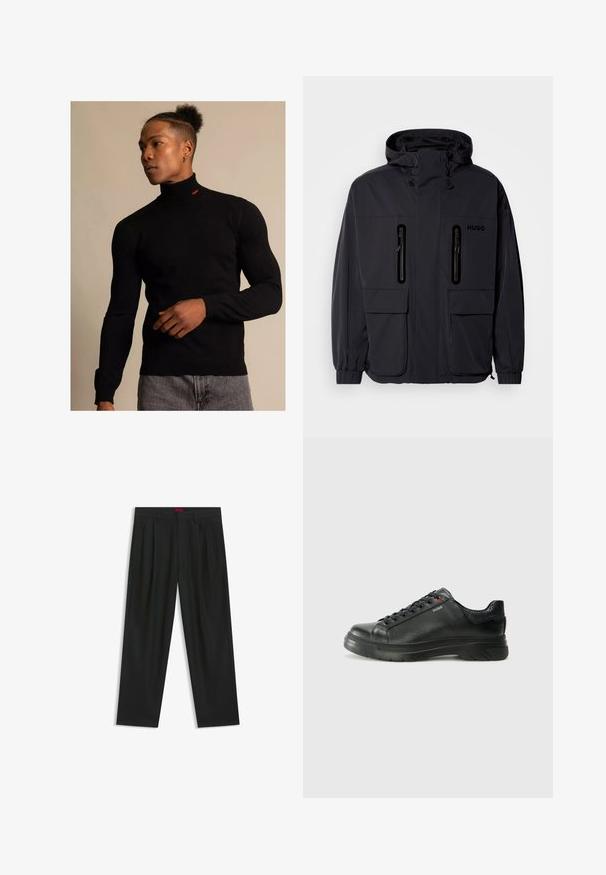 Zwarte waterdichte jas met een capuchon, twee ritszakken op de borst en elastische manchetten. Heeft een minimalistisch ontwerp en "HUGO" branding.; Zwarte coltrui gemaakt van rib materiaal met lange mouwen. Heeft een klein rood logo op de hals. Draag het met een grijze spijkerbroek.; Zwarte broek met een geplooid ontwerp, wijde pijpen en een zachte textuur. Voorzien van een rode taillebandlabel.; Zwarte leren sneaker met een gestructureerde bovenkant, gevoerde kraag en rode logo-details. Heeft een dikke rubberen zool met een opvallend loopvlakpatroon.