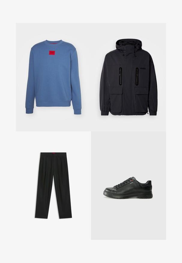 Black waterproof jacket with a hood, two zippered chest pockets, and elastic cuffs. Features minimalistic design and "HUGO" branding.; Blue sweatshirt made of cotton blend, featuring round neck, ribbed cuffs, and hem. Includes a red rectangular patch with "HUGO" logo.; Black trousers with a pleated design, wide leg shape, and a smooth texture. Features a red waistband tag.; Black leather sneaker with textured upper, padded collar, and red logo detail. Features a thick rubber sole with distinct tread pattern.