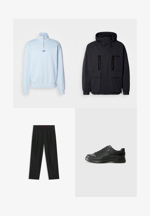 Giacca impermeabile nera con cappuccio, due tasche a zip sul petto e polsini elastici. Presenta un design minimalista e il marchio "HUGO".; Felpa zip blu chiaro con colletto alto, polsini e orlo a coste. Presenta una piccola etichetta con logo blu sul petto. Tessuto morbido.; Pantaloni neri con un design plissè, forma a gamba larga e texture liscia. Presentano un'etichetta rossa in vita.; Sneaker nera in pelle con superficie testurizzata, collo imbottito e dettaglio logo rosso. Presenta una suola in gomma spessa con un motivo di battistrada distintivo.