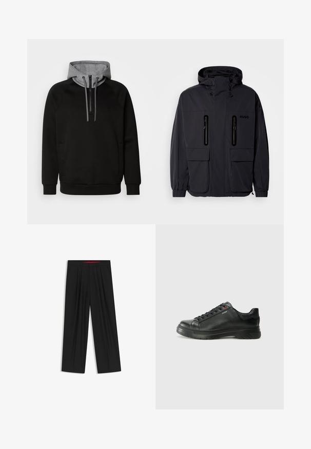 Black waterproof jacket with a hood, two zippered chest pockets, and elastic cuffs. Features minimalistic design and "HUGO" branding.; Black zip-up hoodie with a gray hood, featuring a front pocket, drawstrings, and a subtle logo. Made of soft fabric with a smooth texture.; Black wide-leg trousers with a flat front, two side pockets, pleated design, and a contrasting red interior waistband.; Black leather sneaker with textured upper, padded collar, and red logo detail. Features a thick rubber sole with distinct tread pattern.