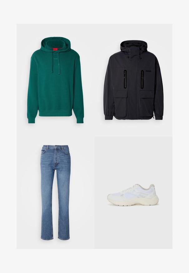 Giacca impermeabile nera con cappuccio, due tasche a zip sul petto e polsini elastici. Presenta un design minimalista e il marchio "HUGO".; HUGO DAPO - Felpa con cappuccio - dunkelgrün; Jeans in denim blu con vita alta, design a gamba dritta e leggera sbiaditura. Presentano il classico stile a cinque tasche e chiusura con zip.; Scarpe da ginnastica bianche in mesh e suede, con una suola intermedia testurizzata, dettagli testurizzati e il logo "HUGO" sul lato.