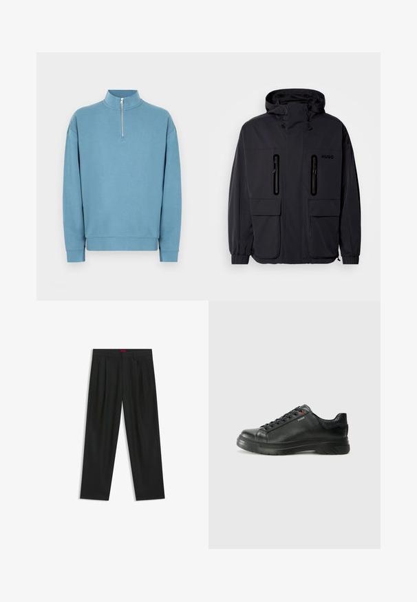 Musta vedenpitävä takki hupulla, jossa on kaksi vetoketjullista rintataskua ja elastiset hihansuut. Ominaisuuksina minimalistinen muotoilu ja "HUGO" -brändäys.; Vaaleansininen collegepaita puolivetoketjukauluksella, pitkät hihat ja resorit hihansuissa. Rinnassa hillitty logo. Sileä pinta.; Mustat housut, joissa on poimutettu muotoilu, leveä lahjetyyppi ja sileä pinta. Varustettu punaisella vyötärötagilla.; Musta nahkakengät, joissa on teksturoidun pinnan, pehmustettu kaulus ja punainen logo. Kengissä on paksu kumipohja, jossa on selkeä uramalli.