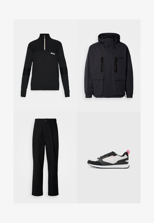 Μαύρο αδιάβροχο μπουφάν με κουκούλα, δύο τσέπες στο στήθος με φερμουάρ και ελαστικές μανσέτες. Διαθέτει μινιμαλιστικό σχεδιασμό και λογότυπο "HUGO".; Μαύρο πουλόβερ με μισό φερμουάρ από υφασμάτινη υφή, με ριμπ άνω τμήμα και λευκό λογότυπο "BOSS" στο στήθος.; Μαύρα παντελόνια ίσιας γραμμής με κουμπωμένη ζώνη, θηλιές για ζώνη και κάθετη πιέτα μπροστά, παρουσιαζόμενα σε λευκό φόντο.; Μαύρα και άσπρα αθλητικά παπούτσια με πάνω μέρος από σουέτ και δίχτυ, με κόκκινο χερούλι και υφή στη σόλα. Σχεδίαση με κορδόνια και λεπτομέρεια λογότυπου.