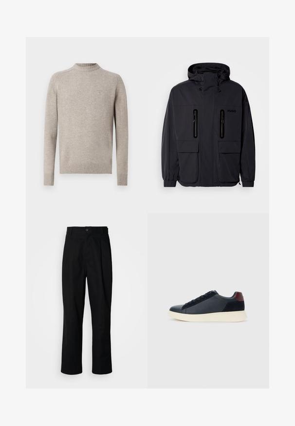 Must have veekindel, kapuutsiga must jakk, kus on kaks tõmblukuga rinna-taskut ja elastsed mansetid. Omab minimalistlikku disaini ja "HUGO" brändimist.; Heled hall sweatshirt, mis on valmistatud pehmest kangast. Omab ribatud ümarat kaelust, pikkade varrukatega ja kitsast ribatud äärt. Rinnal on peen logo.; Mustad sirged püksid nuppudega vöökoht, vöölõngad ja eesmine voldik, esitatud lihtsa valge tausta ees.; Madala stiilis meeste toss mustast nahast ja seemisnahast, marooni värvi kanna detailiga ja valge kummist tallaga, vaatega välisküljelt.
