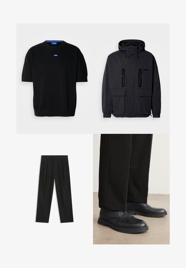 Black waterproof jacket with a hood, two zippered chest pockets, and elastic cuffs. Features minimalistic design and "HUGO" branding.; Black short-sleeve sweater made of soft knit fabric, featuring a crew neckline and a small blue "HUGO" logo on the chest.; Black trousers with a pleated design, wide leg shape, and a smooth texture. Features a red waistband tag.; Black leather shoes with a rounded toe, flat sole, and minimal detailing. Paired with tailored black pants, showing smooth texture.