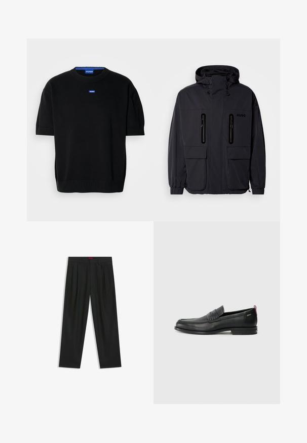Black waterproof jacket with a hood, two zippered chest pockets, and elastic cuffs. Features minimalistic design and "HUGO" branding.; Black short-sleeve sweater made of soft knit fabric, featuring a crew neckline and a small blue "HUGO" logo on the chest.; Black trousers with a pleated design, wide leg shape, and a smooth texture. Features a red waistband tag.; Black leather loafers with a textured front panel and smooth sides. Features a slim heel and rear loop for easy wear. Classic design.