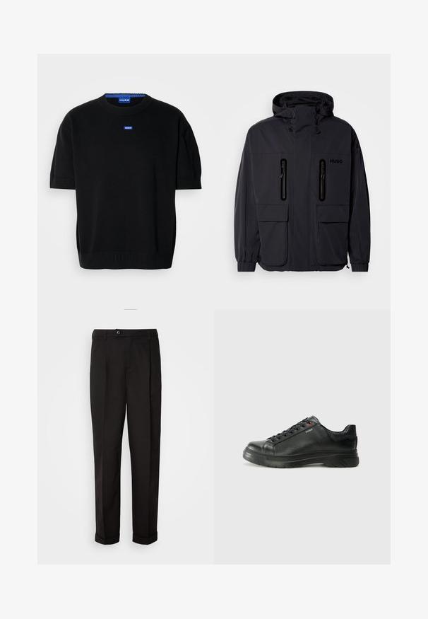 Czarna wodoodporna kurtka z kapturem, z dwoma zamykanymi na zamek kieszeniami na piersi i elastycznymi mankietami. Posiada minimalistyczny design i branding "HUGO".; Czarny sweter z krótkim rękawem wykonany z miękkiej dzianiny, z okrągłym dekoltem i małym niebieskim logo "HUGO" na piersi.; Czarne spodnie o gładkiej fakturze, charakteryzujące się prostym krojem, dwoma przednimi kieszeniami oraz pojedynczym zapięciem na guzik w talii.; Czarne skórzane sneakersy z teksturowaną cholewką, miękkim kołnierzem i czerwonym logo. Posiadają grubą gumową podeszwę z wyraźnym wzorem bieżnika.