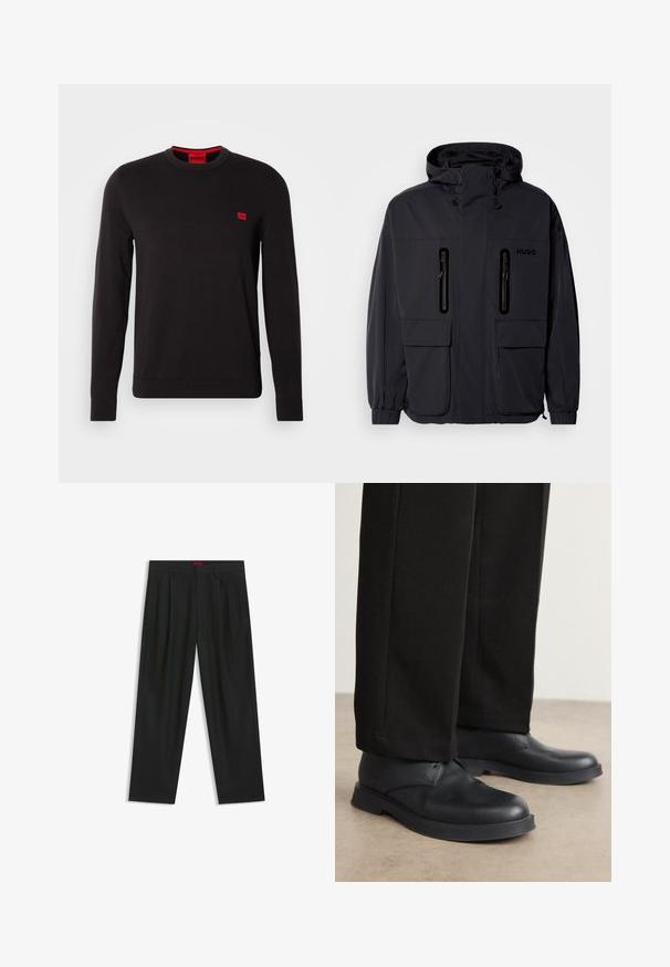 Svart vattentät jacka med huva, två blixtlåsförsedda bröstfickor och elastiska muddar. Har en minimalistisk design och "HUGO"-logotyp.; Svart crewneck-tröja i mjukt tyg, med långa ärmar, ribbade muddar och ett litet rött logotyp-märke på bröstet.; Svarta byxor med vikta detaljer, bred benform och en slät textur. Har en röd midjebandsetikett.; Svarta läderskor med rund tå, platt sula och minimal detaljering. Matchas med skräddarsydda svarta byxor som har en jämn yta.