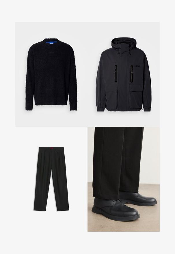 Czarna wodoodporna kurtka z kapturem, z dwoma zamykanymi na zamek kieszeniami na piersi i elastycznymi mankietami. Posiada minimalistyczny design i branding "HUGO".; Czarny sweter wykonany z teksturowanej dzianiny, z okrągłym dekoltem, długimi rękawami oraz prążkowanymi mankietami i dołem. Subtelne logo na piersi.; Czarne spodnie o plisowanym wzorze, szerokim kroju nogawek i gładkiej fakturze. Posiadają czerwony metek w pasie.; Czarne skórzane buty z zaokrąglonym noskiem, płaską podeszwą i minimalnymi detalami. W komplecie z dopasowanymi czarnymi spodniami, ukazującymi gładką fakturę.