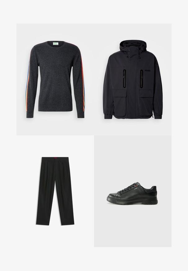 Zwarte waterdichte jas met een capuchon, twee ritszakken op de borst en elastische manchetten. Heeft een minimalistisch ontwerp en "HUGO" branding.; Donkergrijze trui met lange mouwen, voorzien van regenboogstrepen op de schouders. Gemaakt van zachte stof met een ronde hals.; Zwarte broek met een geplooid ontwerp, wijde pijpen en een zachte textuur. Voorzien van een rode taillebandlabel.; Zwarte leren sneaker met een gestructureerde bovenkant, gevoerde kraag en rode logo-details. Heeft een dikke rubberen zool met een opvallend loopvlakpatroon.