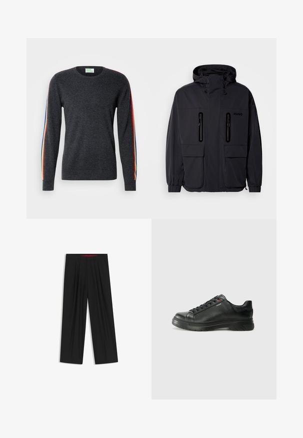 Zwarte waterdichte jas met een capuchon, twee ritszakken op de borst en elastische manchetten. Heeft een minimalistisch ontwerp en "HUGO" branding.; Donkergrijze trui met lange mouwen, voorzien van regenboogstrepen op de schouders. Gemaakt van zachte stof met een ronde hals.; Zwarte wijde broek met een vlakke voorkant, twee zijzakken, geplooid ontwerp en een contrasterende rode binnenband.; Zwarte leren sneaker met een gestructureerde bovenkant, gevoerde kraag en rode logo-details. Heeft een dikke rubberen zool met een opvallend loopvlakpatroon.