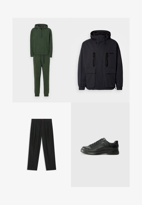 Giacca impermeabile nera con cappuccio, due tasche a zip sul petto e polsini elastici. Presenta un design minimalista e il marchio "HUGO".; Completo felpa con cappuccio e pantaloni jogger in verde scuro. Tessuto morbido, vestibilità rilassata, cordino regolabile in vita e polsini a coste alle maniche e alle caviglie.; Pantaloni neri con un design plissè, forma a gamba larga e texture liscia. Presentano un'etichetta rossa in vita.; Sneaker nera in pelle con superficie testurizzata, collo imbottito e dettaglio logo rosso. Presenta una suola in gomma spessa con un motivo di battistrada distintivo.