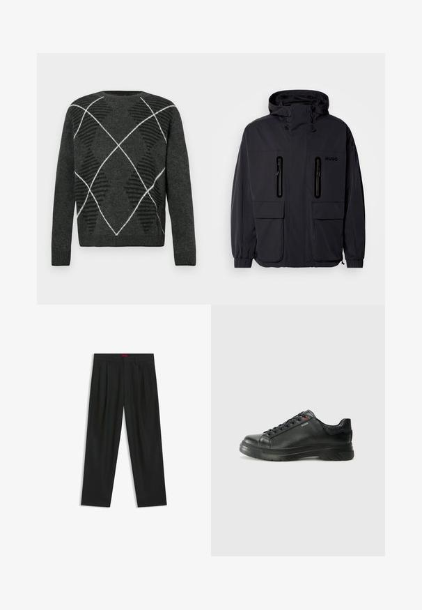 Giacca impermeabile nera con cappuccio, due tasche a zip sul petto e polsini elastici. Presenta un design minimalista e il marchio "HUGO".; Maglione grigio scuro con un motivo argyle testurizzato in bianco e nero. Presenta un collo rotondo e polsini a costine. Tessuto morbido, maniche lunghe.; Pantaloni neri con un design plissè, forma a gamba larga e texture liscia. Presentano un'etichetta rossa in vita.; Sneaker nera in pelle con superficie testurizzata, collo imbottito e dettaglio logo rosso. Presenta una suola in gomma spessa con un motivo di battistrada distintivo.