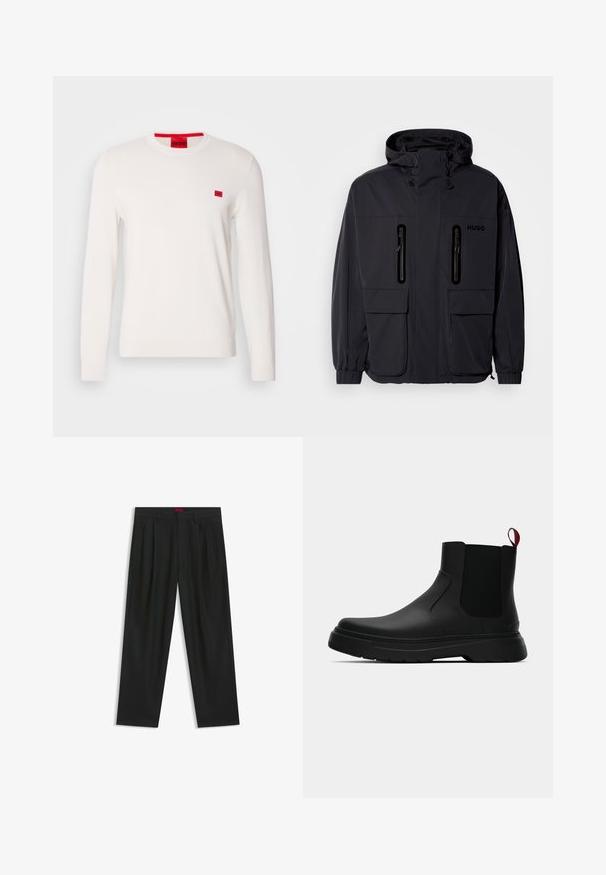 Musta vedenpitävä takki hupulla, jossa on kaksi vetoketjullista rintataskua ja elastiset hihansuut. Ominaisuuksina minimalistinen muotoilu ja "HUGO" -brändäys.; Valkoinen pyöreäkauluksinen villapaita, jossa on pitkät hihat ja pehmeä kangas. Siinä on pieni punainen logo-patch rinnassa ja erottuva punainen etiketti kaula-aukossa.; Mustat housut, joissa on poimutettu muotoilu, leveä lahjetyyppi ja sileä pinta. Varustettu punaisella vyötärötagilla.; Musta nilkkuri, jossa on sileä pinta, elastiset sivupaneelit ja erottuva punainen vetonauha, paksu kumipohja ja pyöristetty varvas.
