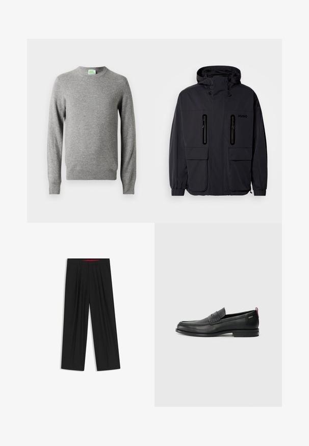 Chaqueta impermeable negra con capucha, dos bolsillos en el pecho con cremallera y puños elásticos. Presenta un diseño minimalista y el logotipo "HUGO".; Jersey de punto gris claro de manga larga y cuello redondo con puños y dobladillo acanalados, que presenta una pequeña etiqueta "From Future" en el interior del cuello.; Pantalones de pierna ancha negros con parte delantera plana, dos bolsillos laterales, diseño plisado y una cinturilla interior roja en contraste.; Mocasines de cuero negro con un panel frontal texturizado y laterales lisos. Presenta un tacón delgado y un lazo trasero para facilitar su uso. Diseño clásico.