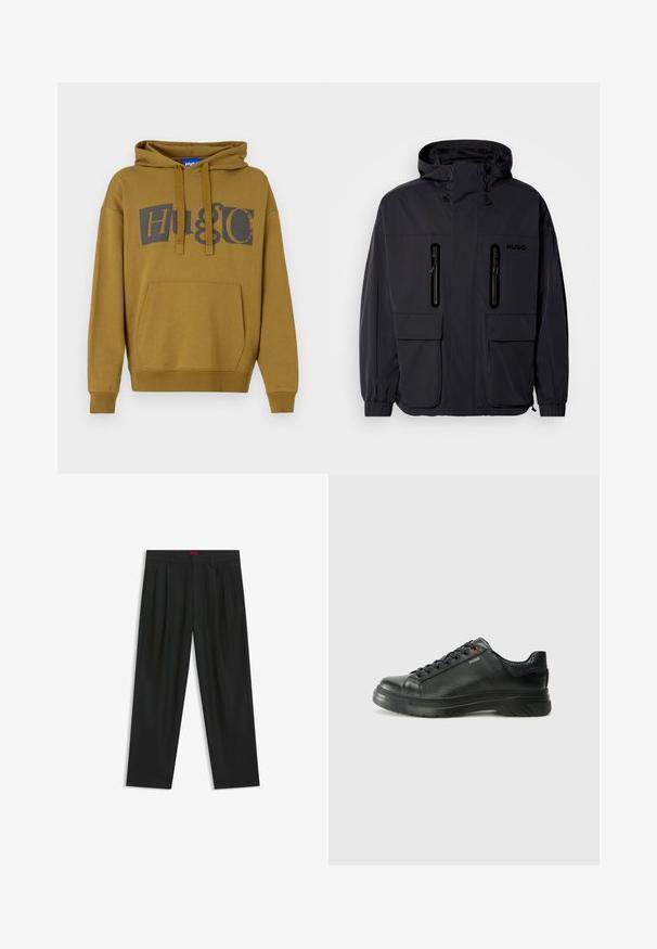 Schwarze wasserdichte Jacke mit Kapuze, zwei mit Reißverschluss versehenen Brusttaschen und elastischen Bündchen. Verfügt über ein minimalistisches Design und "HUGO"-Branding.; Olivgrüne Kapuzenpullover mit großem "HUGO"-Logo in Dunkelgrau. Verfügt über eine vordere Kängurutasche sowie gerippte Bündchen und Saum.; Schwarze Hose mit einem gefältelten Design, weiter Beinform und glatter Textur. Verfügt über ein rotes Taillenlabel.; Schwarze Leder-Sneaker mit strukturiertem Obermaterial, gepolstertem Kragen und rotem Logo-Detail. Verfügt über eine dicke Gummisohle mit markantem Profil.