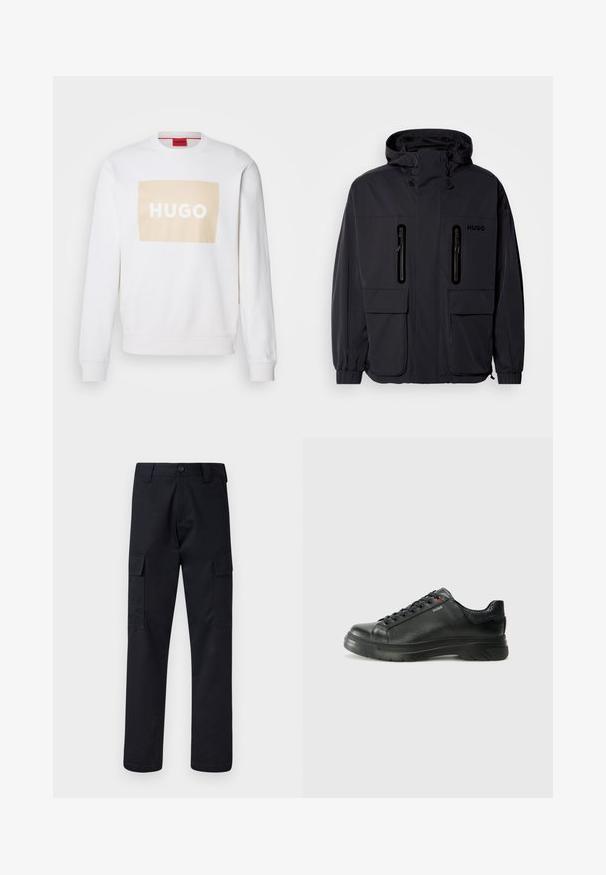 Veste imperméable noire avec capuche, deux poches poitrine zippées et poignets élastiques. Présente un design minimaliste et un logo "HUGO".; Sweatshirt blanc avec un logo rectangulaire beige pastel portant l'inscription "HUGO" en blanc. Présente un col arrondi et des poignets côtelés. Tissu doux et texturé.; Pantalons cargo noirs en tissu résistant, avec une coupe droite, deux poches latérales et une fermeture à bouton à la taille.; Sneaker en cuir noir avec une tige texturée, un col rembourré et un détail de logo rouge. Caractéristiques d'une épaisse semelle en caoutchouc avec un motif de semelle distinct.