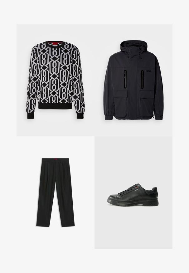 Schwarze wasserdichte Jacke mit Kapuze, zwei mit Reißverschluss versehenen Brusttaschen und elastischen Bündchen. Verfügt über ein minimalistisches Design und "HUGO"-Branding.; Schwarzer Pullover mit einem geometrischen weißen Muster, Rundkragen, langen Ärmeln und gerippten Bündchen und Saum. Hergestellt aus einem Strickmaterial.; Schwarze Hose mit einem gefältelten Design, weiter Beinform und glatter Textur. Verfügt über ein rotes Taillenlabel.; Schwarze Leder-Sneaker mit strukturiertem Obermaterial, gepolstertem Kragen und rotem Logo-Detail. Verfügt über eine dicke Gummisohle mit markantem Profil.