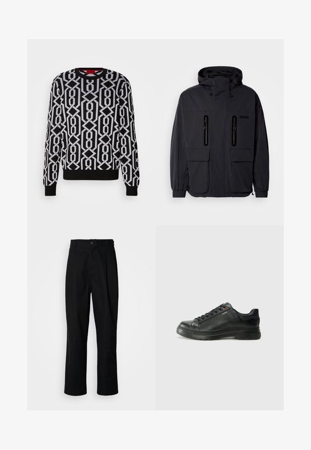 Geacă impermeabilă neagră cu glugă, două buzunare pe piept cu fermoar și manșoane elastice. Prezintă un design minimalist și branding "HUGO".; Pulover negru cu un model geometric alb, guler rotund, mâneci lungi și manșete și tiv din material rib elastic. Fabricat dintr-un material tricotat.; Pantaloni negri cu croială dreaptă, cu talie cu nasturi, bucle pentru curea și cute pe față, prezentati pe un fundal alb simplu.; Sneaker din piele neagră cu un superior texturat, guler căptușit și detalii cu logo roșu. Are o talpă groasă din cauciuc cu un model de bandă distinct.