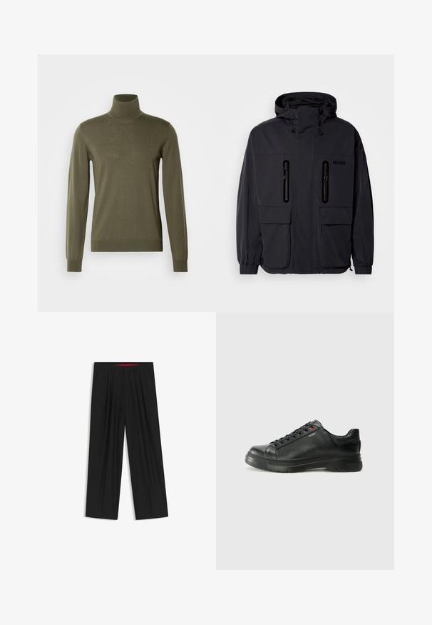 Schwarze wasserdichte Jacke mit Kapuze, zwei mit Reißverschluss versehenen Brusttaschen und elastischen Bündchen. Verfügt über ein minimalistisches Design und "HUGO"-Branding.; HUGO SAN THOMAS - Strickpullover - olive; Schwarze weit geschnittene Hosen mit flachem Bund, zwei seitlichen Taschen, gefaltetem Design und einem kontrastierenden roten Innenbund.; Schwarze Leder-Sneaker mit strukturiertem Obermaterial, gepolstertem Kragen und rotem Logo-Detail. Verfügt über eine dicke Gummisohle mit markantem Profil.