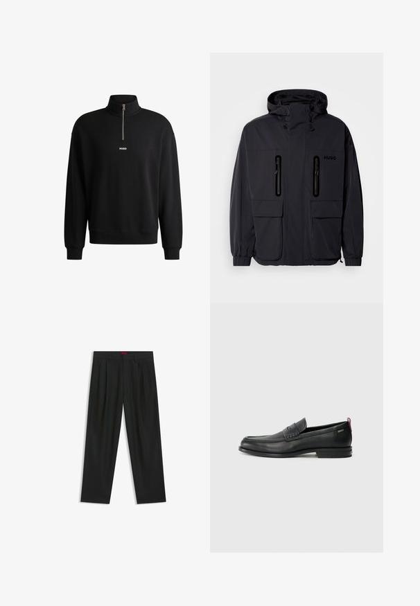 Svart vattentät jacka med huva, två blixtlåsförsedda bröstfickor och elastiska muddar. Har en minimalistisk design och "HUGO"-logotyp.; Svart sweatshirt med hög krage, framdragkedja och diskret logga. Tillverkad av mjukt tyg, har ribbade muddar och nedkant.; Svarta byxor med vikta detaljer, bred benform och en slät textur. Har en röd midjebandsetikett.; Svarta läderloafers med en texturerad frontpanel och släta sidor. Utrustade med en smal klack och en bakre ögla för enkel påtagning. Klassisk design.