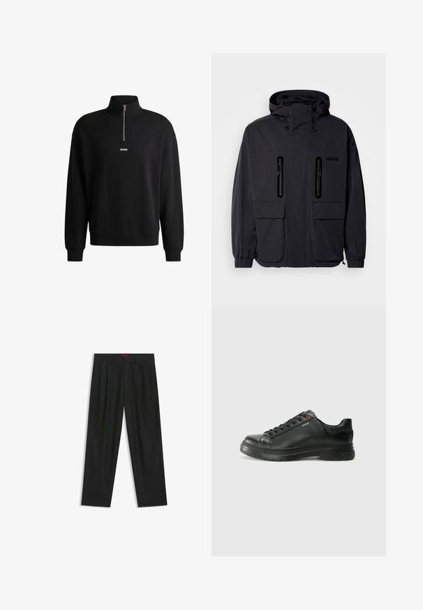 Chaqueta impermeable negra con capucha, dos bolsillos en el pecho con cremallera y puños elásticos. Presenta un diseño minimalista y el logotipo "HUGO".; Sudadera negra con cuello alto, cremallera frontal y un logo sutil. Fabricada con tela suave, cuenta con puños y dobladillo acanalados.; Pantalones negros con diseño plisado, forma de pierna ancha y textura suave. Presenta una etiqueta de cintura roja.; Zapatilla negra de cuero con parte superior texturizada, cuello acolchado y detalle del logo en rojo. Presenta una suela de goma gruesa con un patrón de relieve distintivo.