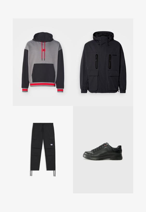 Giacca impermeabile nera con cappuccio, due tasche a zip sul petto e polsini elastici. Presenta un design minimalista e il marchio "HUGO".; Felpa con cappuccio caratterizzata da un corpo grigio, maniche nere, accenti rossi e una tasca frontale. I lacci del cappuccio sono anch'essi rossi con punte nere.; Pantaloni cargo neri con vita regolabile tramite cordino, numerose tasche, polsini elasticizzati e un discreto logo. Realizzati in tessuto leggero.; Sneaker nera in pelle con superficie testurizzata, collo imbottito e dettaglio logo rosso. Presenta una suola in gomma spessa con un motivo di battistrada distintivo.